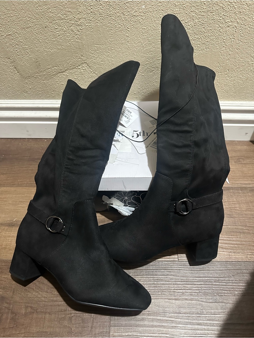East 5th Black Knee-High Block Heel Boots with Buckle